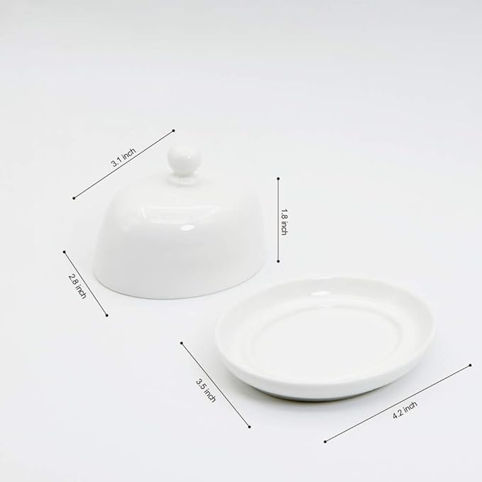NAGU Mini Oval Butter Dish with Lid, White Procelain Domed Cheese Dish with Handle Individual Serving Small Butter Tray, Cute Ceramic Dessert Serving Bowl for Table, Countertop, Refrigerator