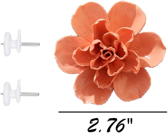 Ceramic 3D Wall Art, Artificial Flower Wall Decor, Handmade Porcelain Wall Hanging Sculpture, Orange Jasmine Flower, 2.8"L x 2.8"W, Matte Finish, Unframed, Wall Mount, Living Room Office Decor