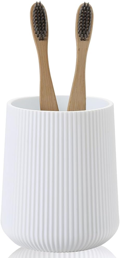 White Striped Toothbrush Holder for Electric Toothbrushes Bathroom Organizer Cup for Toothpaste Kids & Adults
