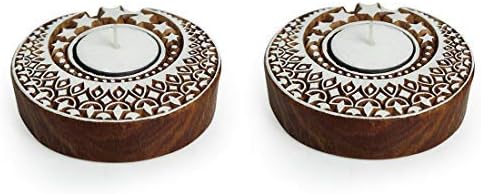 Western Eiderdown Presents Hand-Carved Blocks Tea-Light Holders (Set of 2, Sheesham Wood) - Decorative Tea Light Candle Holder for Home Décor Votive Tea Light Holder T Lite #Aport-198