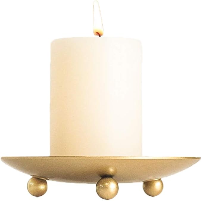 Gold Iron Plate Candle Holder, Decorative Iron Pillar Candle Plate, Set of 2, 4.37 inches D x 0.78 inches H, Pedestal Candle Stand for LED & Wax Candles, Incense Cones, Spa, Weddings (2 pcs)