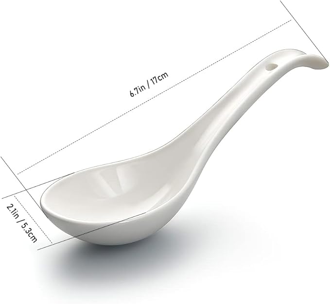 YFWOOD 6.75 inch Ceramic Asian Soup Spoons - White Large Japanese Spoons for Ramen Pho Wonton Soup Dumpling Miso, Set of 6