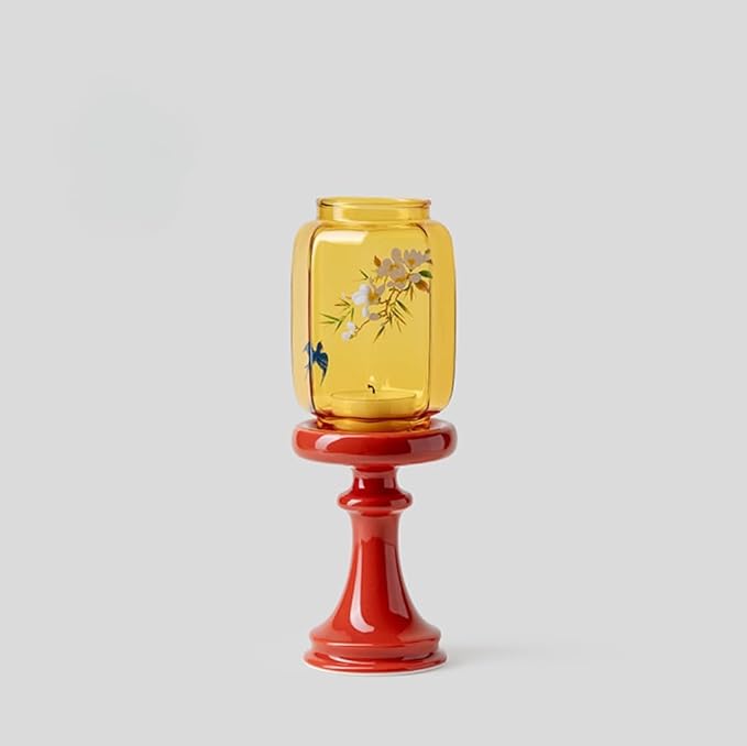 Decorative Glass Candle Holder with Floral Design, Traditional Asian Style, Red Base, 8.3 inch Height, 3 inch Diameter (Red Base – Painted Amber Glass)
