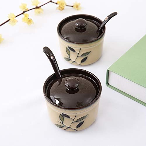 123Arts Ceramic Retro Flower Sugar Bowl Storage Jar Seasoning Pot with Lid And Spoon