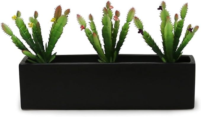 WGVI Long Rectangle Ceramic Planter Vase in Black 14" x 4" x 4"H, Rectangular Box Block Terrarium Pot, Flower Arrangement, Tabletop Centerpiece, Home Decor Organization Storage Container, 4 Pcs.