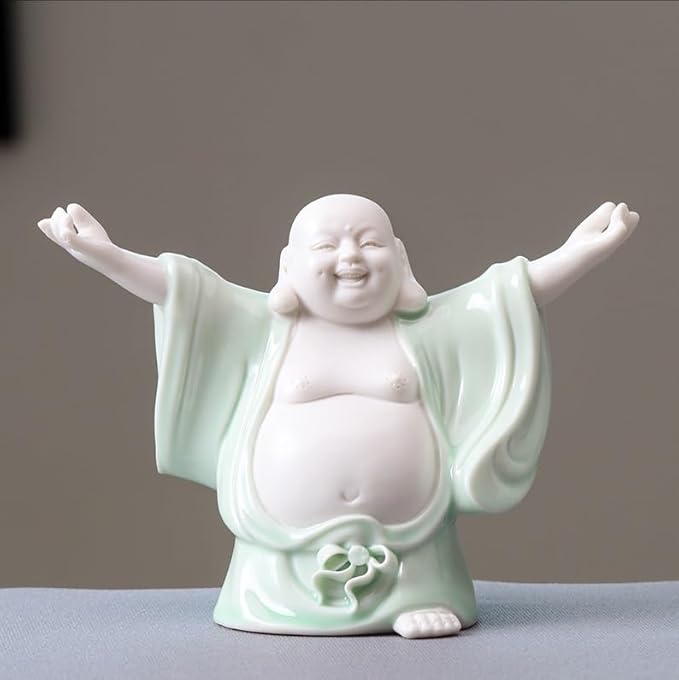 RUVOO Buddha Statue Outdoor, Small Laughing Buddha Statues Sculptures Ceramic Buddha Statue Home Decor Car Ornament Zen Garden Decor