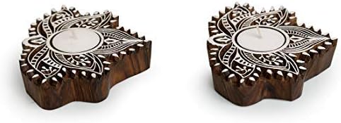 Western Eiderdown Presents Lotus Hand-Carved Block Tea Light Holder (Set of 2, Sheesham Wood) - Decorative Tea Light Candle Holder for Home Décor Votive Tea Light Holder T Lite #Aport-201