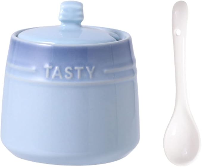 Colourful Ceramic Spice Jar Seasoning Box Condiment Pot Sugar Bowl with Lid Spoon-Blue