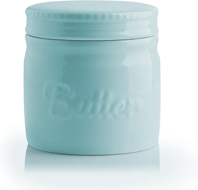 Sweejar Porcelain Butter Keeper Crock, French Butter Dish with Water Line, Ceramic Butter Container for soft butter (Turquoise)