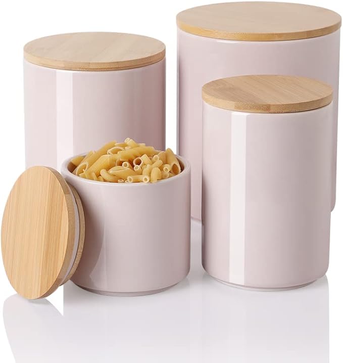 Sweejar Kitchen Canisters Ceramic Food Storage Jar Set, Stackable Containers with Airtight Seal Wooden Lid for Serving Ground Coffee, Tea, Herbs, Grains, Sugar, Salt - Set of 4 (Pink)