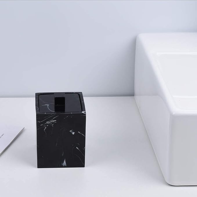 Jung Ford Qtip Holder for Bathroom with Lid – Square Cotton Swab Organizer, Cotton Ball Dispenser, Makeup Pad Container – Marble Look Resin Vanity Storage (Black)