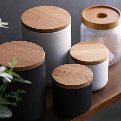 Ceramic Pure Color Sugar Bowl Spice Jar Storage Pot with Wooden Lid