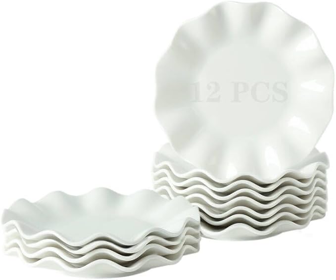 7 Inch Porcelain Small Dinner Plates, Set of 12, White Appetizer Plates, Wave Rim Dessert Salad Plate, Serving Dishes for Cake, Snack, Ice Cream, Waffles, Microwave, Oven, Dishwasher Safe