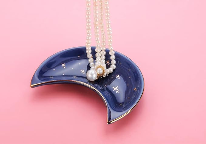 Moon Shape Jewelry Tray, Engagement Ring Tray, Blue Ring Dish for Women in Vanity Bathroom. Decorative Trinket Tray for Organizing Necklace Earrings, Ceramic.