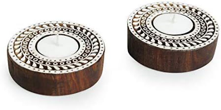 Western Eiderdown Presents Mandala Hand-Carved Block Tea Light Holder (Set of 2, Sheesham Wood) - Decorative Tea Light Candle Holder for Home Décor Votive Tea Light Holder T #Aport-202