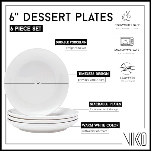 Vikko Dessert Plates Ceramic, Set of 6 Small White Plates, Ceramic Salad Plates Set, Stackable 7 Inch Round Appetizer Plates, Dishwasher Safe, Bead and Butter Plates, Durable Plates for All Occasions