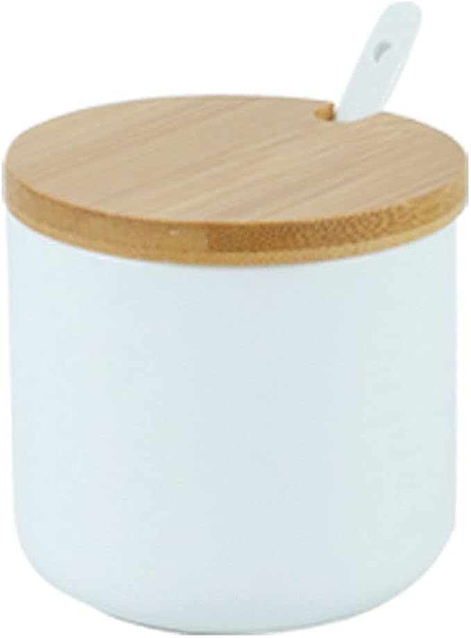 Simple Pure Color Ceramic Spice Jar Seasoning Box Condiment Pot Sugar Bowl with Bamboo Lid and Spoon