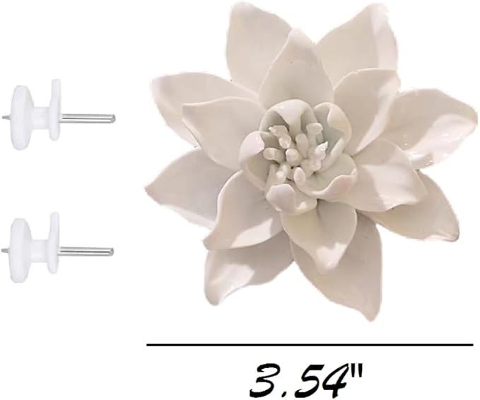 Ceramic Flower Wall Art, Artificial 3D Flower Wall Art, Handmade 3D Wall Art Hanging Sculpture, Porcelain Flower Wall Decoration for Home Office Decor (White,Magnolia,3.54")