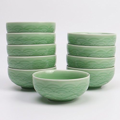 Chinese Rice Bowls 10-Ounce Celadon Glazed 4.5Inch Cereal Bowl with Emblazonry(Set of 4) (Green01)