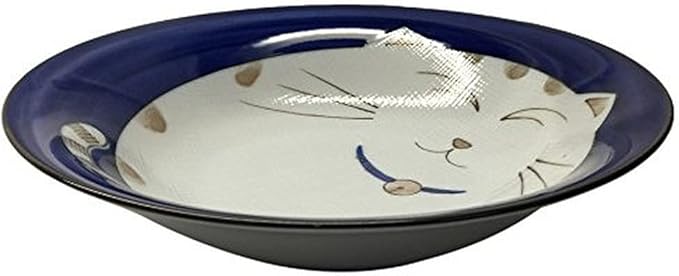 JapanBargain, Set of 4 Japanese Soup Bowls Shallow Porcelain Bowl for Curry Rice Cereal Poke Salad and Dessert, Maneki Neko Smiling Cat Pattern, Made in Japan, 8.5 inch, Blue Color