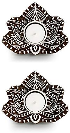 Western Eiderdown Presents Lotus Hand-Carved Block Tea Light Holder (Set of 2, Sheesham Wood) - Decorative Tea Light Candle Holder for Home Décor Votive Tea Light Holder T Lite #Aport-201