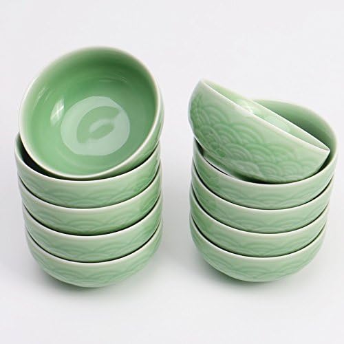 Chinese Rice Bowls 10-Ounce Celadon Glazed 4.5Inch Cereal Bowl with Emblazonry(Set of 4) (Green01)