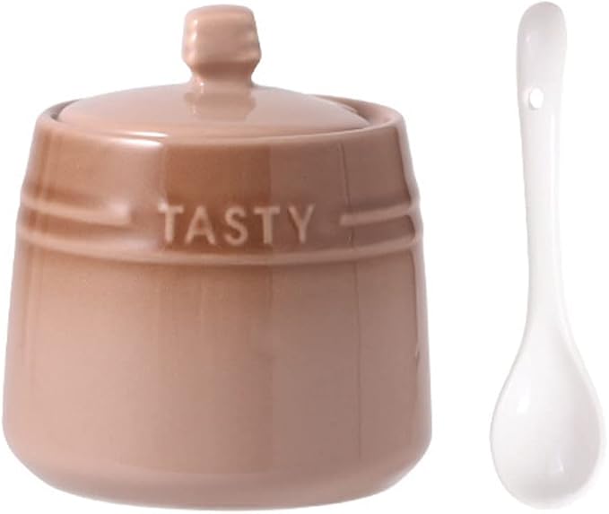 Colourful Ceramic Spice Jar Seasoning Box Condiment Pot Sugar Bowl with Lid Spoon-Brown