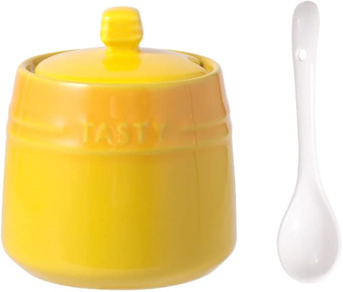 Colourful Ceramic Spice Jar Seasoning Box Condiment Pot Sugar Bowl with Lid Spoon-Yellow