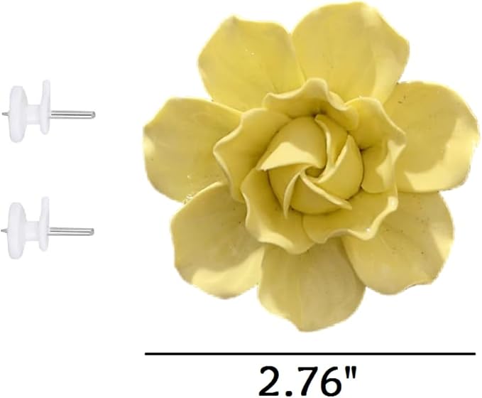 Ceramic Flower Wall Art, Artificial 3D Flower Wall Art, Handmade 3D Wall Art Hanging Sculpture, Porcelain Flower Wall Decoration for Home Office Décor (Yellow，Camellia，2.76")