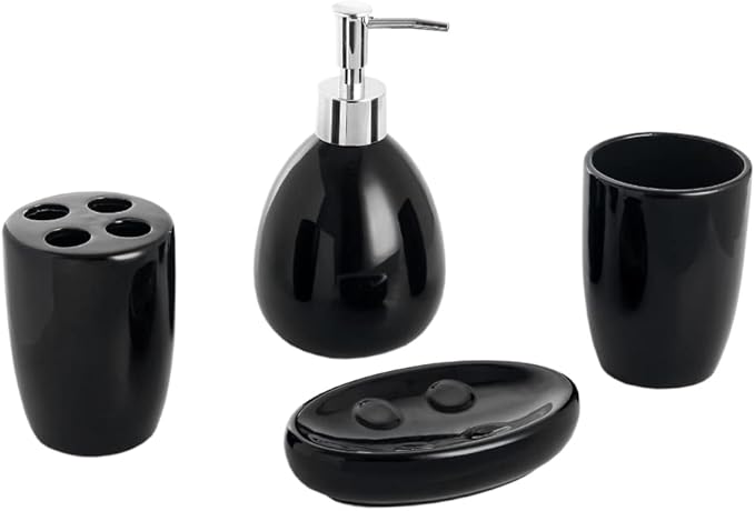 4-Piece Ceramic Bathroom Set (Black), By Home Basics | Contemporary Design Bathroom Accessory Sets | Accessories For Bathroom | Includes Soap Dish, Tumbler, Toothbrush Holder, and Lotion Dispenser