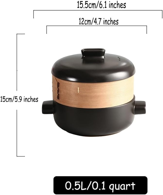 Steamer for Cooking Japanese Ceramic Hot Pot, Earthenware Clay Pot Casserole Steamer Cookware Stew Pot Stockpot with Lid & Steamer Basket for Healthy Cooking, Even Heating,Black,0.5L