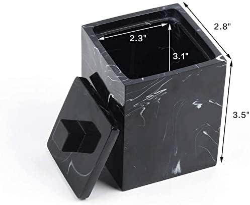 Jung Ford Qtip Holder for Bathroom with Lid – Square Cotton Swab Organizer, Cotton Ball Dispenser, Makeup Pad Container – Marble Look Resin Vanity Storage (Black)