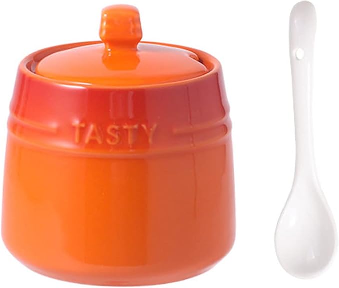 Colourful Ceramic Spice Jar Seasoning Box Condiment Pot Sugar Bowl with Lid Spoon-Orange