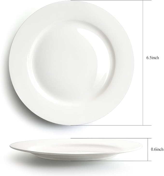 IQCWOOD 6.5 Inch Porcelain Plate Set of 6, White Dessert Plates Ceramic Salad Appetizer Plates for Christmas party, Ceramic Plates for Dinner