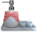 Pink Ceramic Soap Dispenser Set – Bow Design 12oz Dispenser with 2 Ceramic Toothbrush Holders & PP Tray, Refillable Cute Bathroom Accessories for Lotion, Hand Soap & Dish Soap