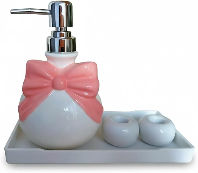 Pink Ceramic Soap Dispenser Set – Bow Design 12oz Dispenser with 2 Ceramic Toothbrush Holders & PP Tray, Refillable Cute Bathroom Accessories for Lotion, Hand Soap & Dish Soap