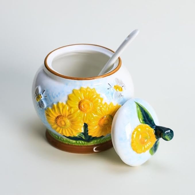 123Arts Sugar Bowl Sunflower Jar Ceramic Hand Drawn Spice Jar Storage Jar Ornament