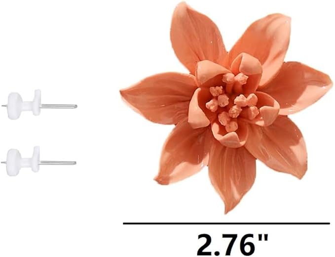 Magnolia,2.76" Ceramic Flower Wall Art, Artificial 3D Flower Wall Art, Handmade 3D Wall Art Hanging Sculpture, Porcelain Flower Wall Decoration for Home Office Decor (Orange)