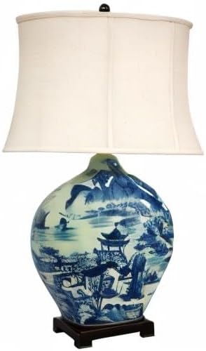 Red Lantern 32" Blue and White Ming Landscape Vase Lamp