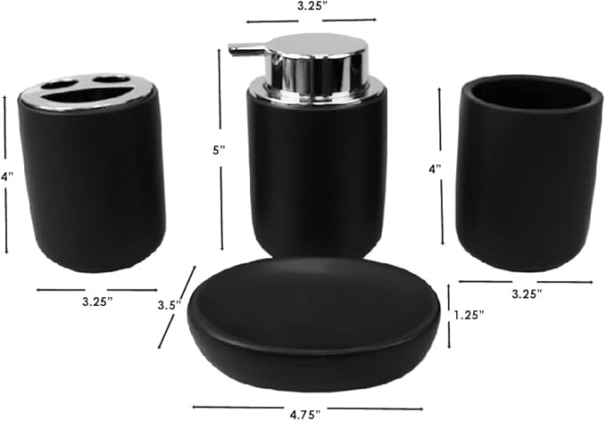 Home Basics Luxem 4 Piece Ceramic Bath Accessory Set (Black, 1) | Matte Finish | Neutral Color | Extremely Durable