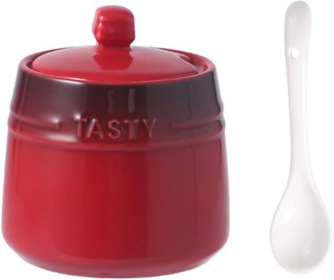 Colourful Ceramic Spice Jar Seasoning Box Condiment Pot Sugar Bowl with Lid Spoon-Red