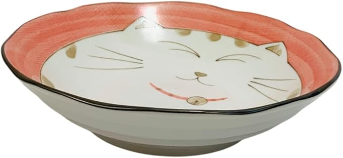 JapanBargain, Set of 2 Japanese Soup Bowls Shallow Porcelain Bowl for Curry Rice Cereal Poke Salad and Dessert, Maneki Neko Smiling Cat Pattern, Made in Japan, 8.5 inch, Pink Color