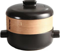 Steamer for Cooking Japanese Ceramic Hot Pot, Earthenware Clay Pot Casserole Steamer Cookware Stew Pot Stockpot with Lid & Steamer Basket for Healthy Cooking, Even Heating,Black,4L
