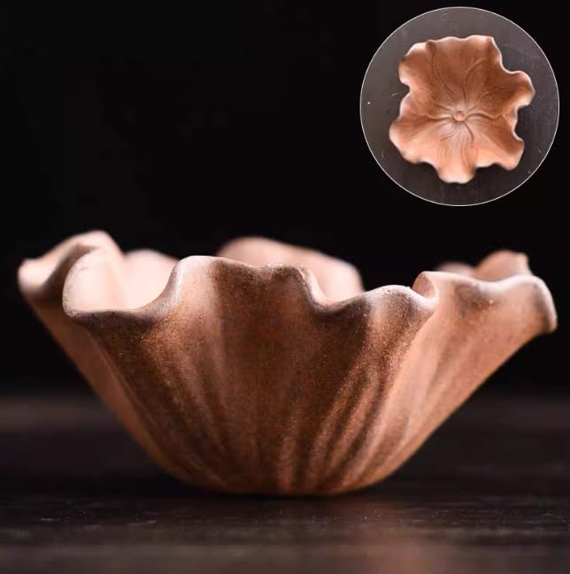 Handmade Chinese Rough Pottery Teacup, Vintage Zen Style Lotus Leaf Design, Small Gongfu Tea Cup for Tea Sake Wine, Earth Brown, Unique Gift for Tea Lovers