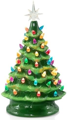 Minetom 13 Inch Ceramic Christmas Tree, Tabletop Christmas Tree with Multicolored LED Lights and Star, Battery Operated Vintage Lighted Ceramic Tree for Home Office Table Holiday Decorations