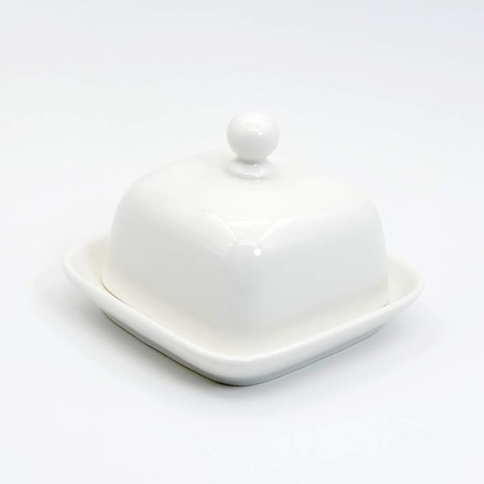 NAGU Mini Square Butter Dish with Lid, White Procelain Domed Cheese Dish with Handle Individual Serving Small Butter Tray, Cute Ceramic Dessert Serving Bowl for Table, Countertop, Refrigerator