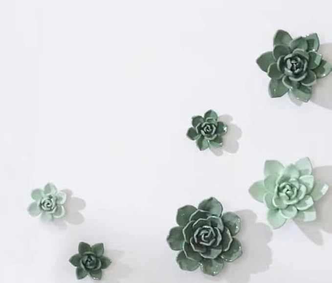 Snow Lotus，2.76" Ceramic Flower Wall Art, Artificial 3D Plant, Handmade 3D Wall Art Hanging Sculpture, Porcelain Flower Decoration for Home Office Decor (Dark Green)