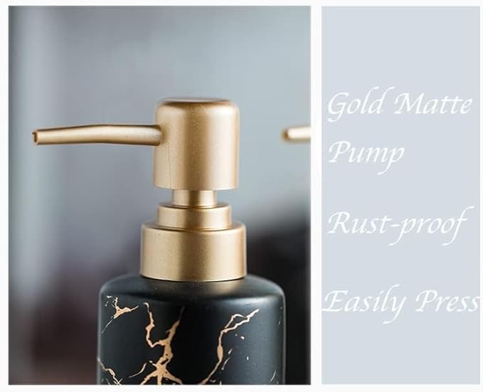 Gold Soap Dispenser for Bathroom or Kitchen, Skinny Ceramic Lotion Bottle with Marble Pattern, Rust-Free Pump(White)