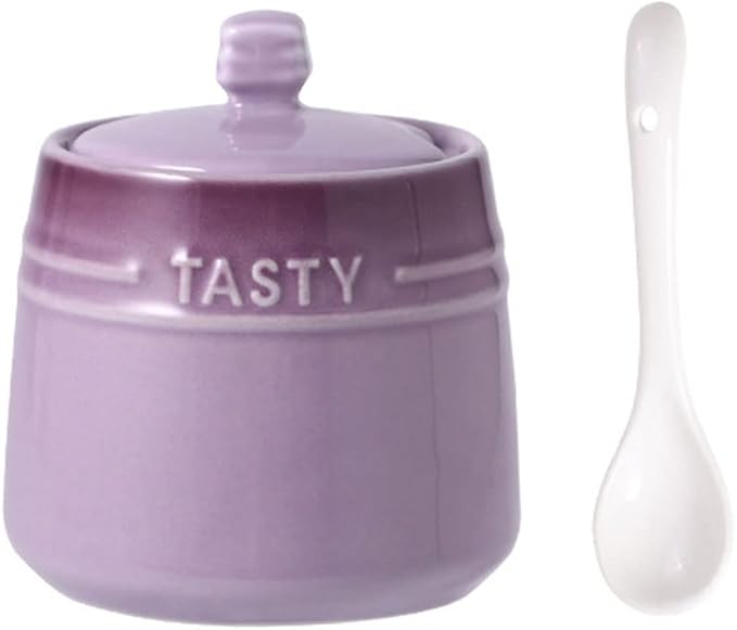 Colourful Ceramic Spice Jar Seasoning Box Condiment Pot Sugar Bowl with Lid Spoon-Purple