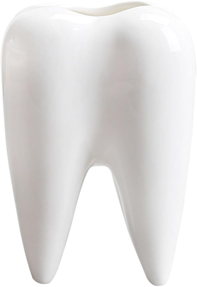1 PC Creative Tooth Shaped Garden Succulent Ceramic Flower Pot Dental Toothbrush Holder Ceramic Storage Bucket Personalized Decoration Creative Birthday Gift Desktop Desk Decoration(Tooth)